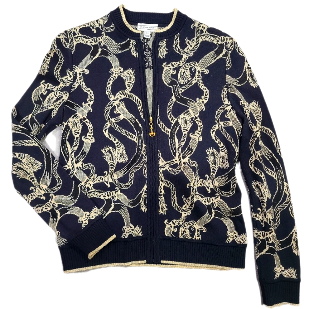 ST JOHN SPORT Black & Gold Metallic Zipper Knit Sweater Coat Bomber Jacket P